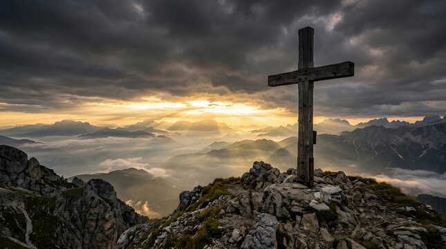 Large cross on rocky hill with sunset