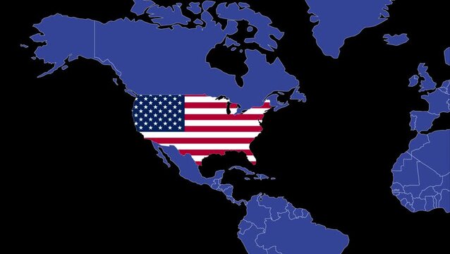 4K resolution blue world map animation on black background highlighting USA territory with USA national flag. Ideal for global trade, geopolitics, and international business.