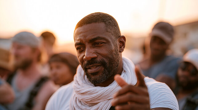 Ghanaian stunt coordinator briefing film crew at outdoor location during golden hour, safety harness demonstration, West African film industry, entertainment production,