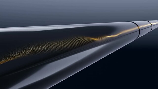 Futuristic visual of a sleek black conduit with a glowing golden energy stream pulsing through its center, receding into a dark, high-tech horizon.