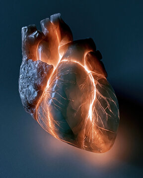 Translucent human heart sculpture with glowing vein lines