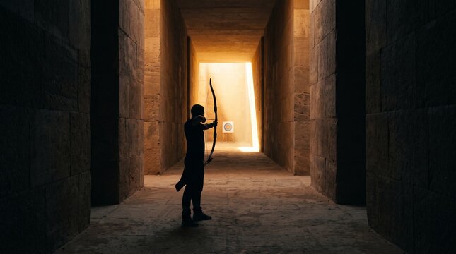 Archer Aiming at Target in Ancient Stone Corridor