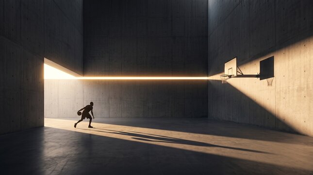 Basketball Player Practicing in Empty Indoor Court