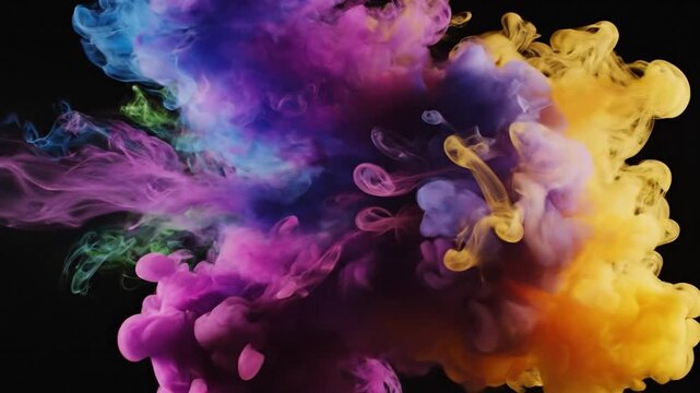 Vibrant colorful smoke clouds swirling and billowing against a deep black background