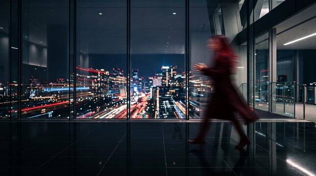 Blurred Figure Moving Through Modern Office at Night
