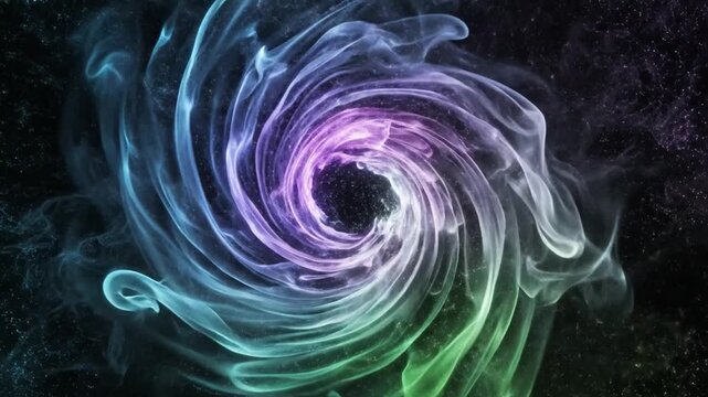 Vibrant cosmic spiral of glowing smoke and particles rotating against a dark background