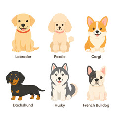 Obraz premium ラブラドール・コーギー・プードルなど人気犬種6種のシンプルフラットベクターアイコンセット