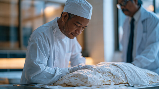 Filipino mortuary science student practicing embalming technique under instructor supervision in a clinical training room, professional focus, ventilated lab setting, academic