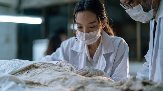 Filipino mortuary science student practicing embalming technique under instructor supervision in a clinical training room, professional focus, ventilated lab setting, academic