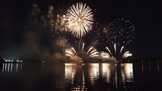 Vibrant fireworks display bursting over a lake at night with bright reflections on the surface