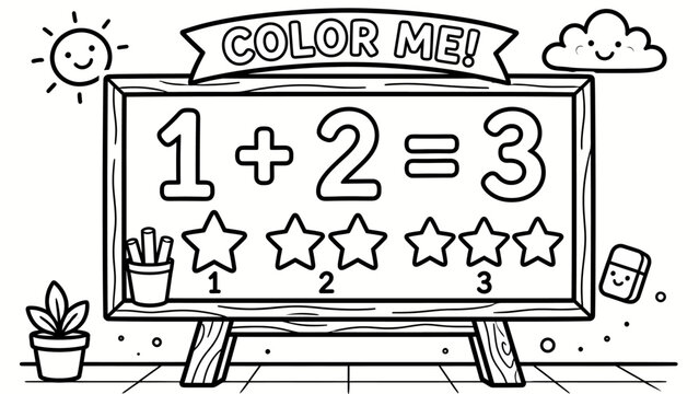 coloring book illustration of blackboard with math problem for kids to color