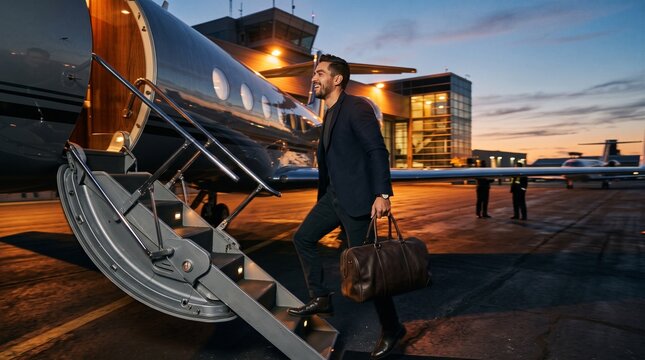 Businessman Boarding Private Jet at Dusk