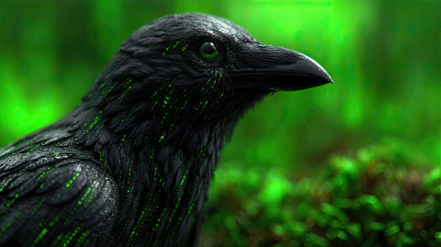 Black raven with iridescent feathers against vivid green glow