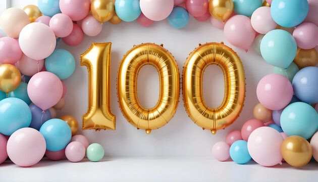 Large golden number one hundred balloons decorated with pastel colors for birthday anniversary.