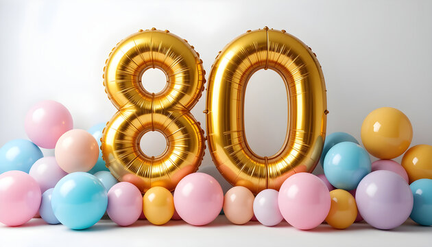 Gold number eighty balloon celebration for 80th birthday anniversary event with pastel background.
