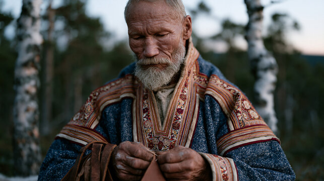 Sami reindeer herder in traditional embroidered clothing mending leather harness near a birch forest at twilight blue hour, weathered hands stitching, northern Scandinavia, autumn