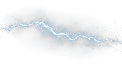 Blue and white bright lightning bolt striking in the sky surrounded by clouds during a thunderstorm at night with isolated on transparent background, light overlay, PNG © Liubov