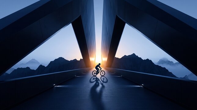 Cyclist Riding Through Tunnel Toward Sunrise Mountain