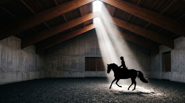 Equestrian Rider on Horse in Indoor Arena with Dramatic Light