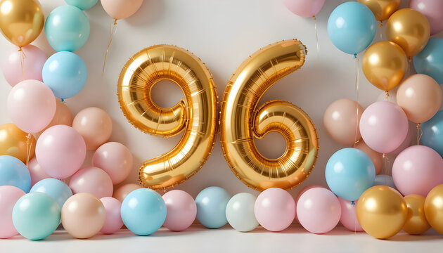 Large golden ninety six foil balloons with elegant pastel colored decorations for grand anniversary.