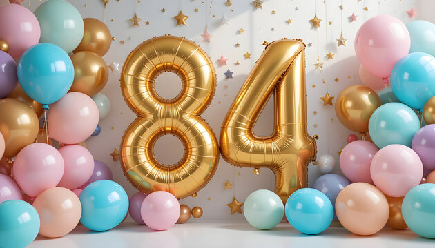 Large shiny gold number 84 balloons surrounded by colorful party balloons on white studio background.