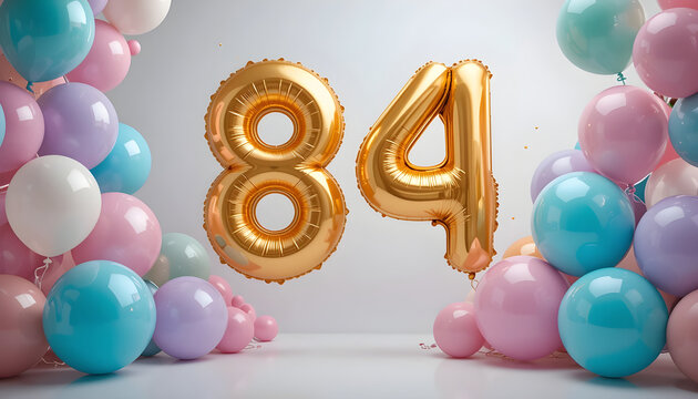 Metallic golden eighty four number balloons with pastel round balloons on white studio background.