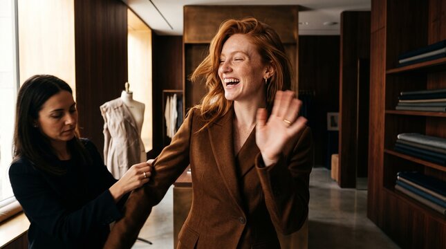 Fashion Designer Fitting Blazer on Client in Studio