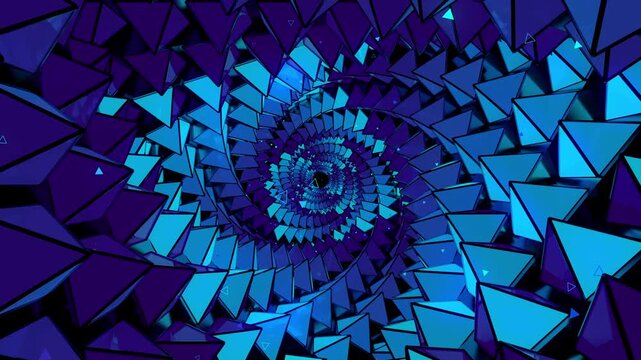 Abstract digital vortex made of twisting pyramids, spiral crystalline arrays and complex data structures, creating deep astrophysics science background.