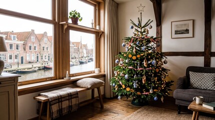 Cozy Dutch Christmas Living Room Decorated for Holiday Season – Perfect for Festive Backgrounds and Greeting