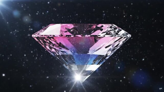 Vibrant pink and blue faceted diamond shining with light flares in a dark cosmic environment