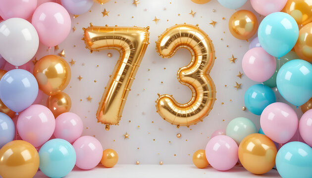 Seventy three number balloons celebration background with golden stars and colorful party spheres.