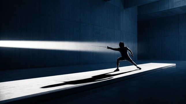 Fencer in Lunge Position with Sword in Modern Space