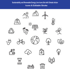 Fototapeta premium Climate Action and Sustainable Energy Icon Collection Featuring Renewable Power, ESG Strategy, Carbon Reduction and Circular Economy 