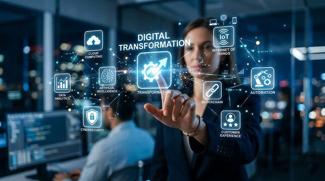 Woman interacting with digital transformation interface technology cloud computing innovation
