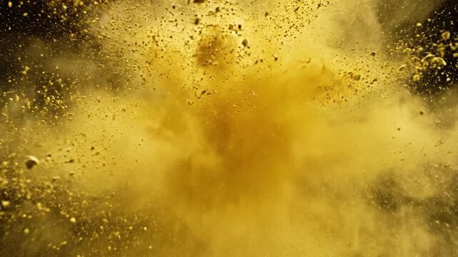 Vibrant yellow color powder explosion bursting against a solid black background