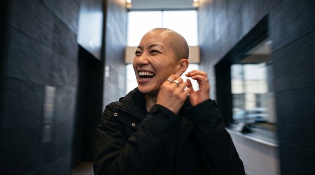 Person Laughing Joyfully in Modern Hallway