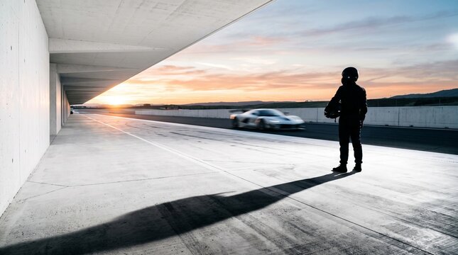 Person Standing on Rooftop Watching Sports Car Drive Past at Sunset