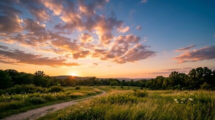 Fototapeta premium A serene country path winds through a sun-drenched meadow at sunset, with a dramatic sky overhead and silhouetted trees in the distance.