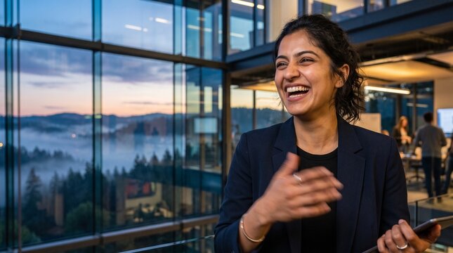 Professional Woman Presenting at High-Rise Office with City View