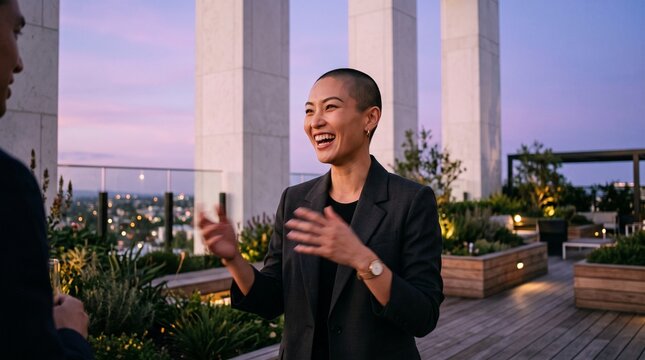 Professional Woman Speaking at Rooftop Business Event at Dusk
