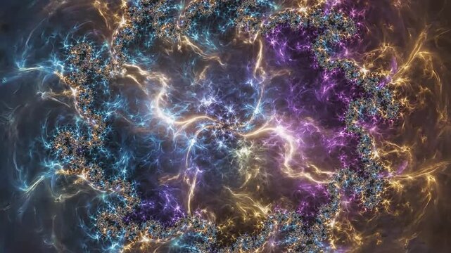 Vivid recursive fractal loops with weaving light trails and vibrant cosmic energy reflections