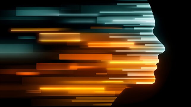 Abstract profile of a human head with streaks of light representing data or thought flow, symbolizing knowledge and innovation