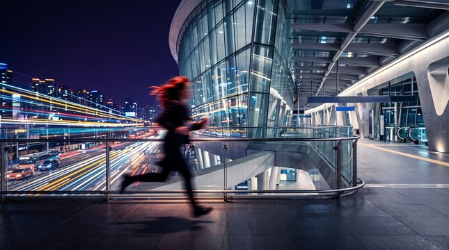 Runner in Motion on Modern Urban Rooftop at Night