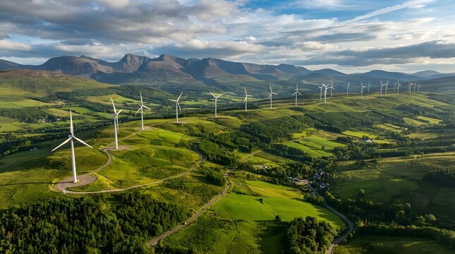 Wind turbines in green hills with mountains