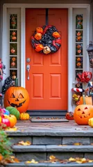 Halloween pumpkins and decorations outside a house © Hope