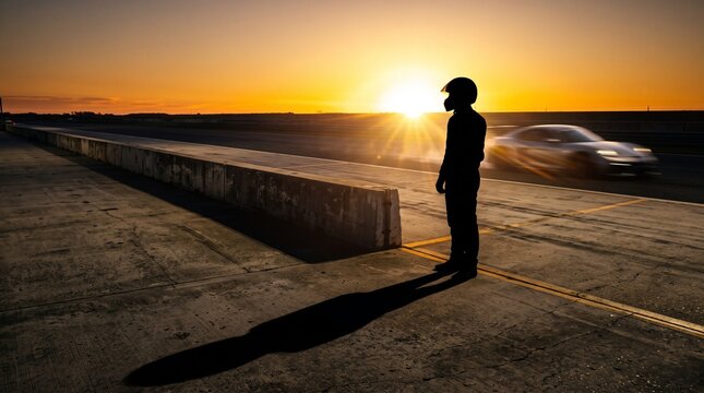 Silhouetted Figure Standing at Crossroads at Sunset