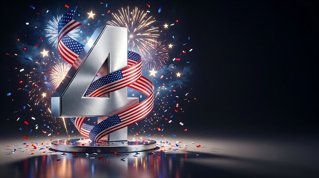 Shiny number four with american flag ribbon and festive fireworks for independence day celebration on a dark night background