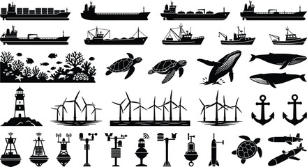Ocean logistics marine life and offshore wind energy black silhouette icons vector elements set © Smith