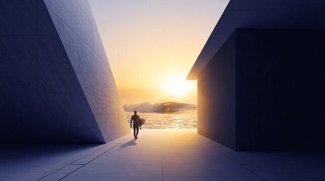 Surfer Walking Toward Ocean at Sunrise Through Modern Architecture