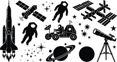 Space exploration and astronomy black silhouette vector elements set with rocket astronaut and planet © Smith
